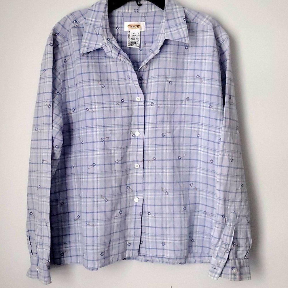 TALBOTS 100% cotton Women's Plaid Button Down Shirt Embroidered Florals MEDIUM